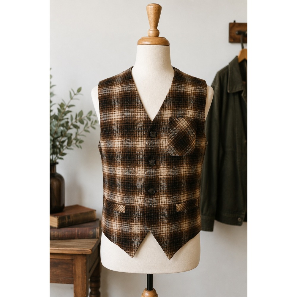 Club Monaco Wool Blend Plaid Waistcoat Vest Men's M Brown Grandpa Core Heritage